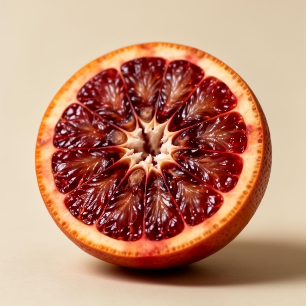 Naranja sanguina cortada por la mitad, mostrando la textura natural rica en flavonoides