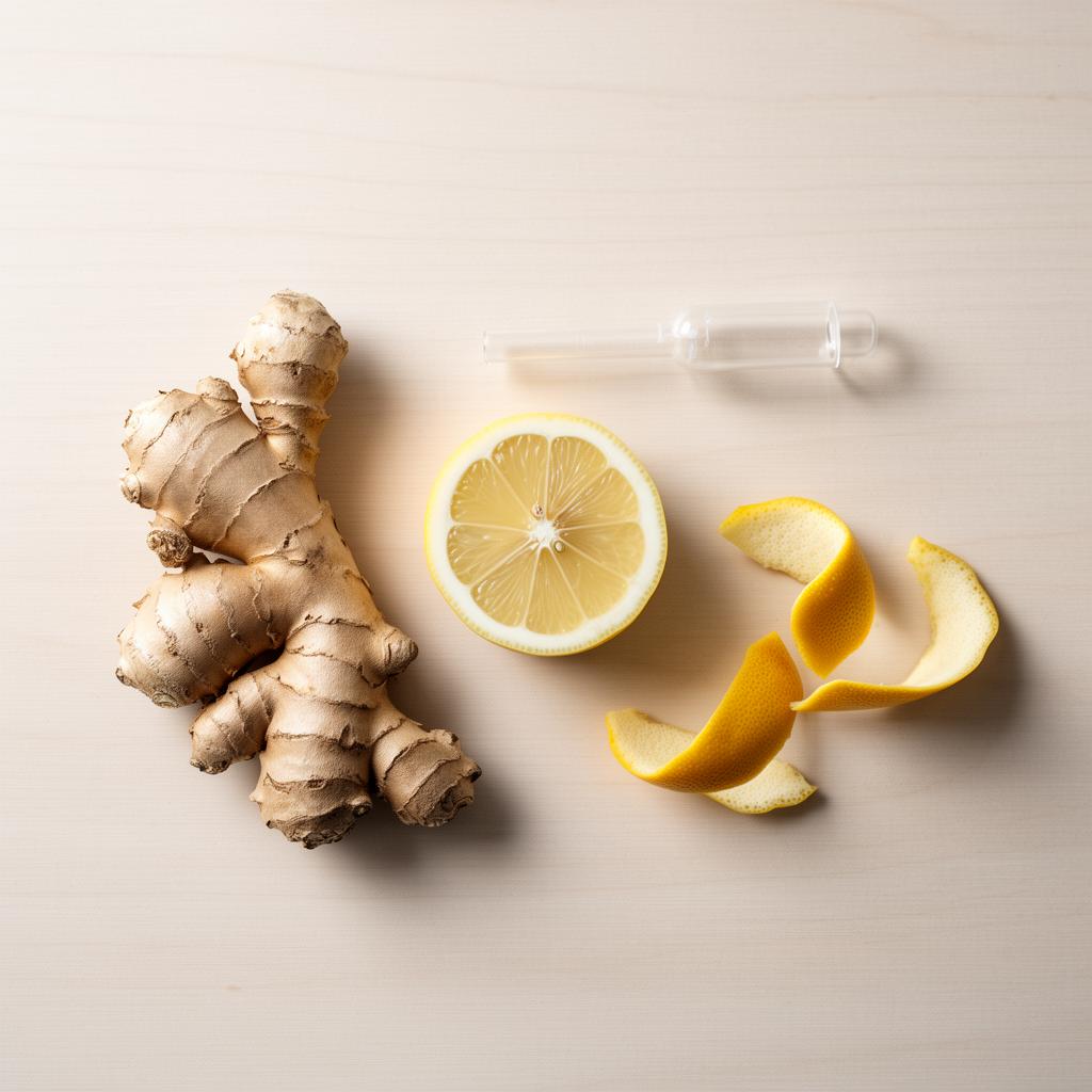 Ingredientes botánicos naturales —jengibre fresco, limón y cáscaras cítricas— junto a un frasco de vidrio de laboratorio